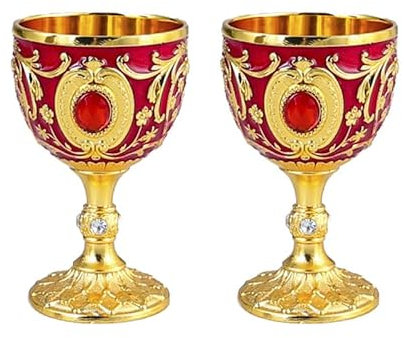 Elictech Verre à calice vintage en forme de calice royal en relief - Gobelet vintage en alliage de zinc - Décorations de fête médiévale pour Halloween, fournitures de décoration (doré/rouge)