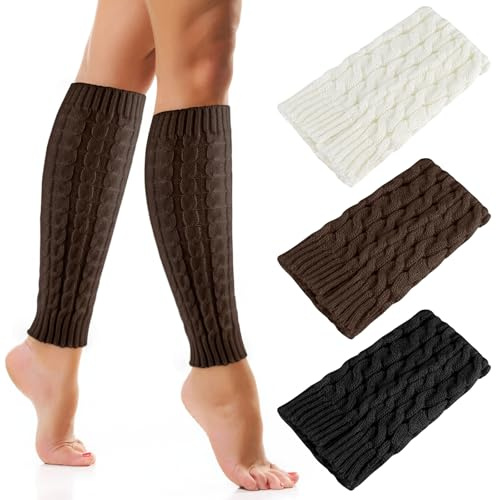 PLULON 3 Pairs Winter Leg Warmers Ladies Twist Knitted Leg Long Women's Leg Warmers Boot Cuff Knee Socks Crochet Knee Boots Ankle Warmers for Women Girls, Black White Coffee