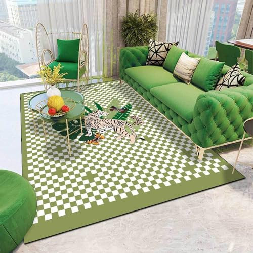 Neuer waschbarer Wohnzimmerteppich, rutschfeste Akzentteppiche, Schlafzimmer-Esszimmer-Flurteppich, weicher Kurzflorteppich, modernes Schachbrett-Tiger-Druck, Grün, 120 x 170 cm Learned extensively