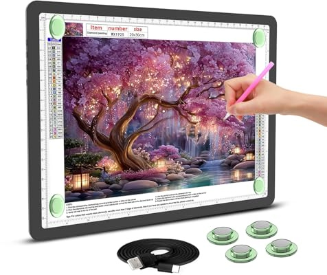 Leuchttisch A4, 9000 Lux Sehr Hell LED Lightpad mit Seitliche Tasten, Magnetischer Clip, 6 Stufige Dimmung 3 Farbtemperatur Light Pad Lichtpad für Diamond Painting, Designen, Zeichnen Skizzieren