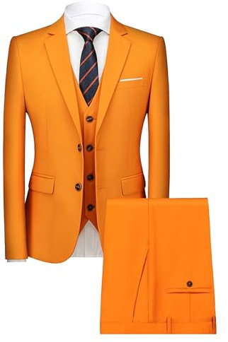 Ensemble de Costume 3 Pièces Coupe Slim Régulière pour Hommes Pantalon Gilet Blazer d'affaires Solide à Deux Boutons Costumes de Mariage Décontractés pour Garçons d'honneur (Orange,L)