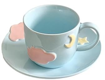 Genérico Juego de Taza y Plato de café de cerámica con diseño de Estrella y Luna Coreana: Linda Taza de 250 ml para niñas, Apta para microondas y lavavajillas, té de la Tar