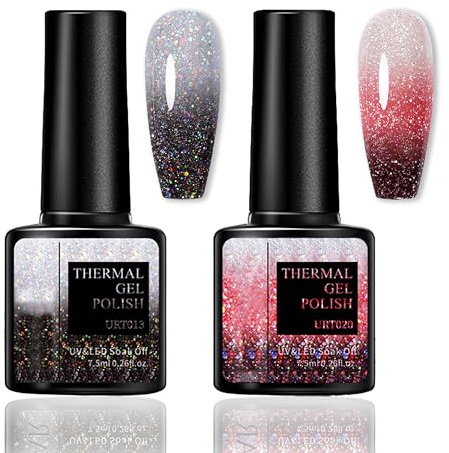 Färgförändring UV-gel nagellack set – 2 st. temperaturförändring med glittereffekt, svart och röd temperatur färgväxling nagellack blötläggning av UV LED nagelkonst gel lack för gör-det-själv