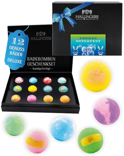 Hallingers Genuss Manufaktur Badebomben Oster-Geschenk-Set - 12x Badekugeln Bath Bombs in edler Geschenkbox, Frauen Badeperlen-Wellness & Spa Frohes Osterfes..., Ostern Körbchen für Frauen Männer