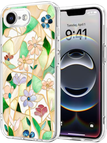 Unov Hülle für iPhone 17e / 16e, Hülle Klar mit Motiv, Glasmalerei Blumen | Transparente Schlank Guter Halt, Rutschfest Prägung Muster, Stoßfest Schützende, Erhöhter Kameraschutz, Kratzfest Weich TPU