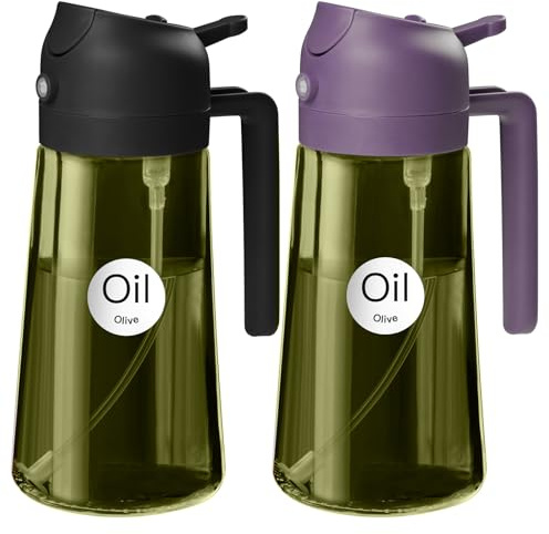 YARRAMATE 470 ml mörkgrön oljespruta för matlagning med klistermärken, livsmedelsklassad premium 2 i 1 olivolja dispenser flaska för köksredskap, luftfritös, sallad, stekning, grill (svart, lila)