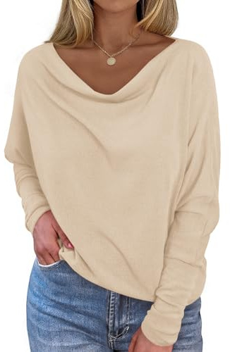 Okiwam Damen-Tops mit Wasserfallausschnitt, lange Fledermausärmel, übergroße Tunika, elegant, lässig, Blusen, modische Kleidung, Khaki, Groß