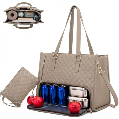 LIAMERHE Lunchtasche für Frauen 15,6 Zoll Laptop-Tasche mit isoliertem Lunchfach Große Tragetasche mit Lunch-Fach 2 in 1-Tragetasche Lunchtasche Kombination für Unterwegs Arbeit Büro
