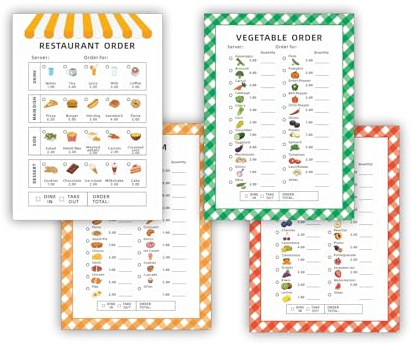 Kids Restaurant Menu Notepads – 4-Pack Food-Themed Order Pads (40 Pages Each) – Restaurant, Main Dishes, Fruits, Vegetables – Tearable Sheets for Pretend Kitchen Play – Boosts Math & Social Skills