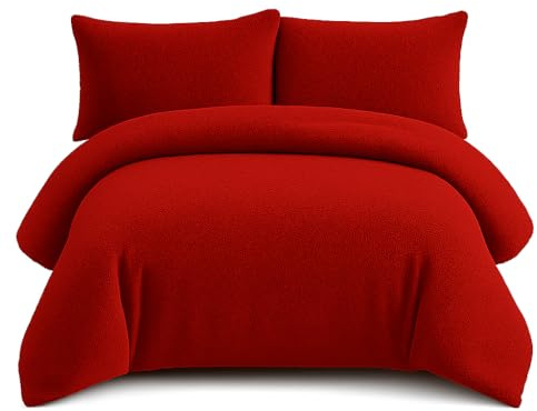 Bella Nights Teddy Bear Fleece Duvet Cover Set – Thermal Warm & Cosy Soft Fur Bedding with Pillowcases – Winter Duvet Set (Red, Double)