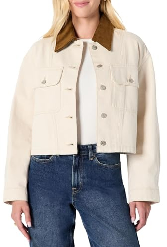 Amazon Essentials Giacca in Denim Corta con Colletto in Velluto a Coste a Contrasto, Vestibilità OversizeDonna, Ecru, M