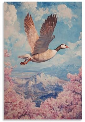 HKXXMTQMM Animal Oil Painting- A Goose Skydiving Solo Above Windmill Valleys in Spring Bloom Contemporary Hanging Wall Art - Decorative Mural Design08x12inch(20x30cm)