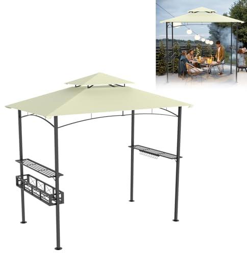 UISEBRT Tonnelle de barbecue résistante à l'hiver avec cadre en métal et toit en polyester - 245 x 153 x 250 cm - Protection contre la pluie et le soleil - Avec panier de rangement - Auvent pour