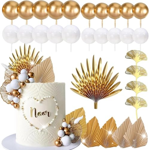 Morofme Gold Tortendeko Kugeln 29 Stück, Boho Tortendeko, Gold Blattpalmenblatt Kugeln Cake Topper, Kuchen Dekorationen für Hochzeit Babyparty Geburtstag