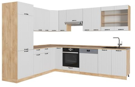 Vicco Hörnkök Fame-Line, Vitt hus på landet/Goldkraft ek, 287 x 227 cm, AP Oak, för individuell expansion med kompatibla moduler