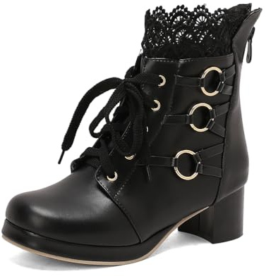 TNMIUH Mujer Botas de Lolita con Encaje, Tacón Cuadrado, Botines Dulces Otoño-Invierno, Cordones y Hebillas Decorativas, Disponible en Rosa, Negro y Blanco