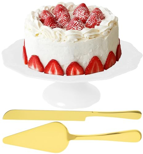 Présentoir à gâteau rond en céramique de 25,4 cm avec couteau de table et pelle à gâteau solide, stable, élégant et généreux, en porcelaine, pour fêtes, anniversaires, mariages