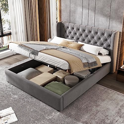 Zepneiy Lit 140 x 190 avec Sommier à Lattes, Lit Coffre Rembourré 140 x 190 en Forme d'oreille avec hydraulique Espace de Rangement, Cadre de en Velours Gris (sans Matelas)