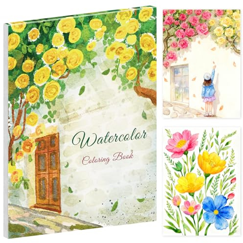 Elfew Flor Libro para Colorear con Acuarelas, Libro de Acuarela, Cuadernos de Acuarela para Principiantes, Pintores, Artistas, Materiales de Pintura(20 Flor y Jardín)