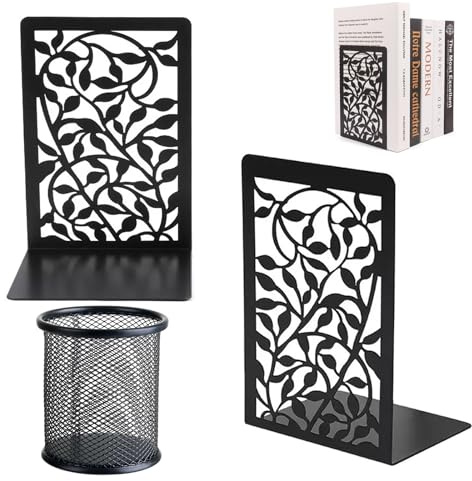 Book Ends for Shelves, 1 Pair Heavy Duty Bookends, Metal Book End with Pen Holder for Home Office Library Bookshelf Heavy Books(Black)