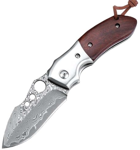 Joa Pocket Damast Klappmesser mit Holzgriff | EDC Outdoor Survival, Damaszener Damaststahl, Einhandmesser, Scharfe Klinge, Holzgeschenkbox,taschenmesser