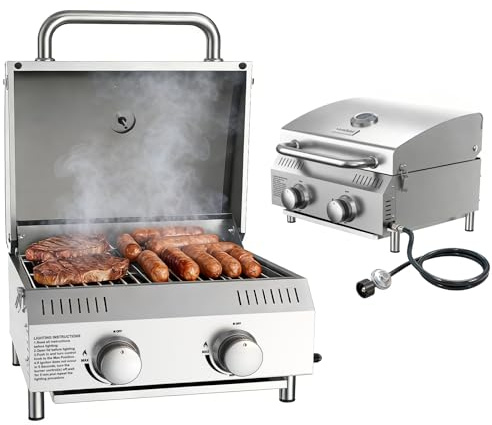 Veralune Tabletop Gas Grill, 2 Burners Portable Propane Grill, Camping Cooking Grill with Travel Lock for Camping, RV, Backyard BBQ