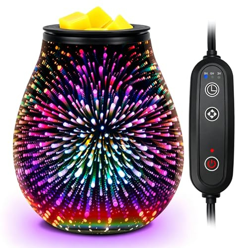 Wax Melt Burner with Timer Electric 3D Firework Effect Glass Wax Warmer with 7 Colors LED Light Wax Melter for Scented Wax by PTC Heating with Removable Silicone Dish Auto Shutoff Home Decor Gift