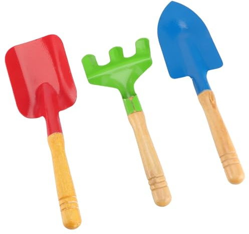 VICASKY Ensemble de 3 Jouets de Plage pour Bac à Sable Garçon et Filles, Pelle et Râteau en Métal Manche en Bois, Couleurs Aléatoires, Outils de Jardin D'extérieur Couleur Aléatoire