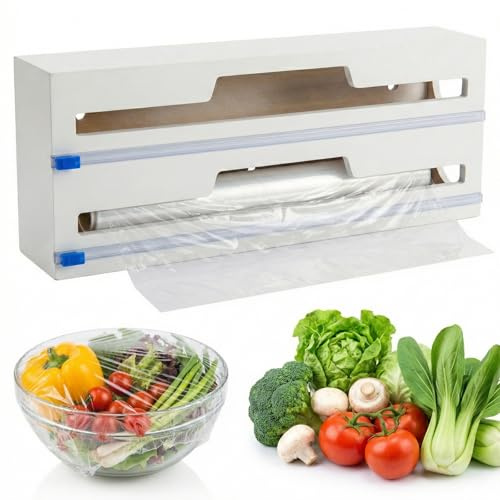 Foil and Cling Film Dispenser Cutter, 2-Roll Bamboo Kitchen Wrap Organizer (White)