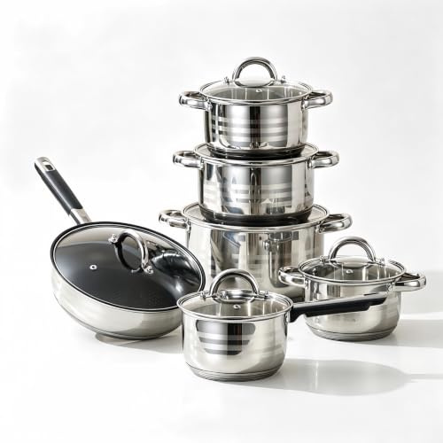 12-Piece Stainless Steel Cookware Set, Induction Hob Pots & Pans Set with Glass Lids, 5-Layer Heat-Concentrating Base, Saucepan Casserole Frying Pan Set for Gas Electric Ceramic Hobs