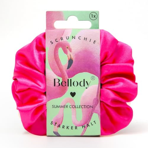 Bellody® Scrunchies Satin – Luftig weich, starker Halt, Satin Look, exklusive Farben (1 Stück - Pink Flamingo) - Haargummi Scrunchie in Pink