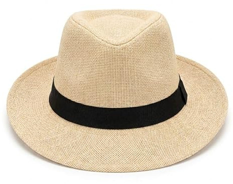 OUTLETISSIMO® Unisex sommar Panamahatt med lätt halm med svart band, andningsbar solhatt för hav, strand och resor, justerbar avslappnad Fedora-stil - Beige V004
