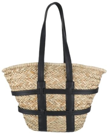 Stråväska Stora Stråväskor For Kvinnor Resor Semester Strand Toteväska Fransk Retro För Kvinnor(Black)