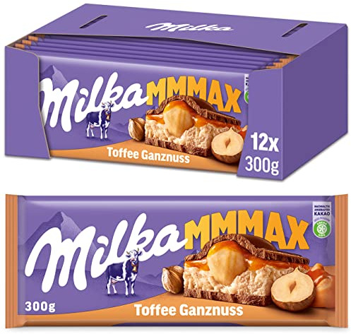 Milka Toffee Ganznuss – 12 x 300 g – Großtafel – Zartschmelzende Schokoladentafel mit cremigem Karamell und ganzen Haselnüssen