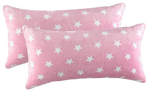 MALIKA Nicky-Teddy Cashmere Touch Coral Fleece Kissenbezug Kissenhülle alle Größen Couchkissen Sofakissen Deco Sterne, Größe:2X 40x80 cm, Designe:Sterne-ROSA
