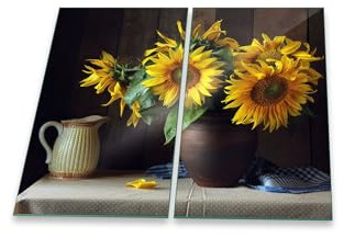 Herdabdeckplatte Abdeckung Ceranfeld Abdeckplatte Schneidebrett 2-Teilig 60x52 Sonnenblume Schwarz Gelb Spritzschutz Glasplatte Ceranfeldabdeckung Herdschutz Sicherheitsglas Glasschneidebrett 2x30x52