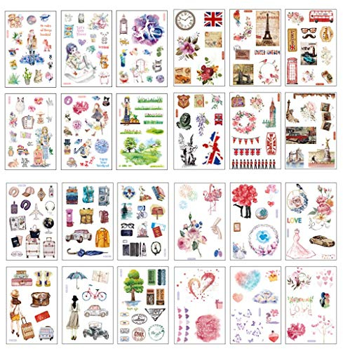 24 Blatt Scrapbooking Sticker, Ouceanwin Selbstklebend Deko Sticker Vintage Reisen Blumen Pflanze Wald Hochzeit Aufkleber für Fotoalbum Notizbuch Kalender Tagebuch Bullet Journal DIY Dekoration