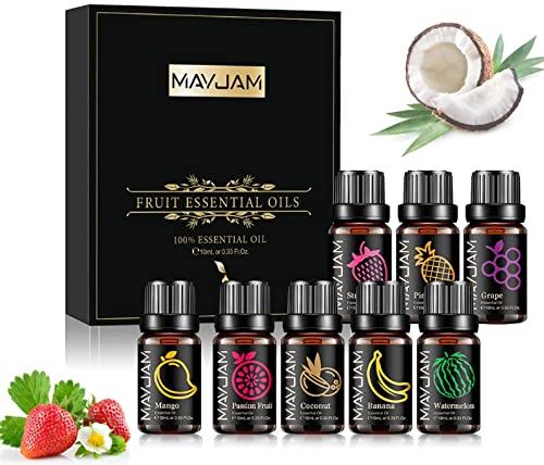 MAYJAM Fruity Fragrance Oil Set 8 x 10ML, Essential Oils Set for Diffuser - Aromatherapy, DIY - Mango, Passion Fruit, Strawberry, Watermelon, Coconut, Pineapple, Banana, Grape