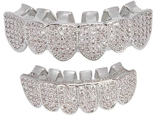 Grillz, Cold Plated Copper Grillz Zähne Set, Bling Grillz Zähne Dekoration Für Halloween Party Hip Hop(Silber)