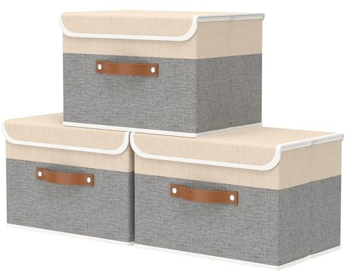 OUTBROS 3 Set Aufbewahrungsbox, 45x30x30cm Faltbare Stoffboxen Beige/Grau | Aufbewahrungskorb mit deckel und Griff, Kisten Aufbewahrung, Schrank Organizer Kleiderschrank, für Kleidung