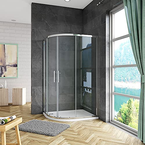 Acezanble 900x760x1850mm Left Quadrant Shower Enclosure Cubicle Sliding Door 6mm Safety Tempered Clear Glass with Tray + Free Waste + Riser kit