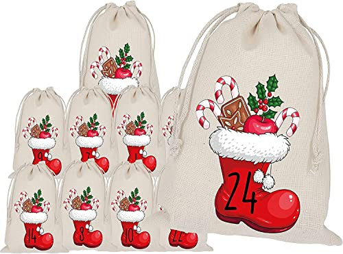 Adventskalender zum Befüllen, Weihnachtsmann Stiefel, Santa Claus, Nikolaus, 24 Stoffbeutel, Bedruckt, Geschenksäckchen, DIY Säckchen, Selber Befüllen, Weihnachtskalender
