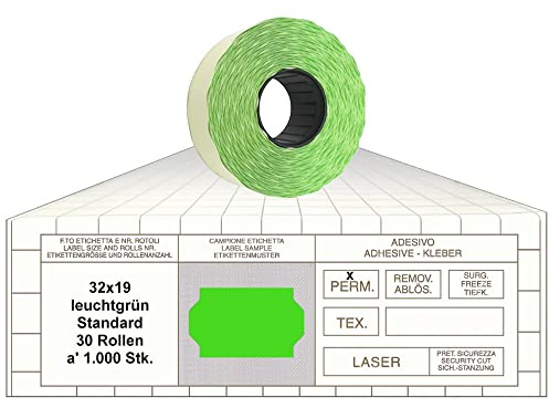 Preisauszeichner Etiketten 32x19 Standard leuchtgrün 30 Rollen permanent Preisetiketten für Print Tovel Printex Contact Meto Blitz