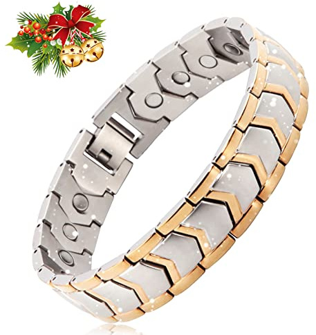 N+NITROLUBE - Braccialetto magnetico da uomo, in acciaio inox, con forte magnetismo, magnetoterapia, per alleviare il dolore da artrite (21 cm, argento e oro)
