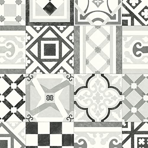 Patterned Magic Vinyl Flooring 2.8mm Realistic Foam Backed Lino Slip Resistant (Black & White Vintage Tiles, 2.5m x 2m)