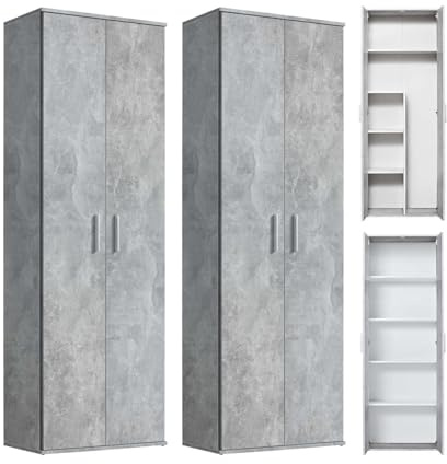 mokebo® Mehrzweckschrank Set 2-teilig 'Die Allzweckwaffe', Schrank-Set mit Aktenschrank & Besenschrank in Betonoptik BZW. Grau, auch als Moderne Wohnwand