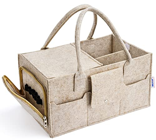 Maliton Panier Rangement Bébé Portable en Feutre avec Poignée Compartiments Détachables, Pour la table à langer ou la chambre du bébé, Pour les couches, lingettes et inserts, Kaki avec couvercle