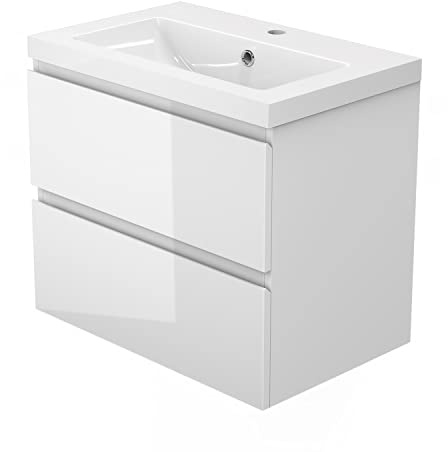 Biubiubath 500mm Bathroom Sink Unit with Basin Gloss White 2 Soft Close Drawers Wall Mounted Bathroom Suite with Vanity Unit Modern Handless Design