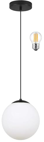 KoKo&Yukina 6-inch mini Modern Globe Pendant Light Opal Glass with Black Finish Contemporary Mid Century Adjustable Hanging Light Fixture for Living Room Bedroom Kitchen (Bulb Incl.)