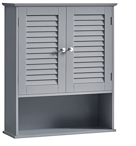 VASAGLE Badezimmerschrank, Wandschrank, Medizinschrank mit verstellbarem Einlegeboden, Lamellentüren und offenem Fach, 20 x 60 x 70 cm, mystisches Grau BBC027P36